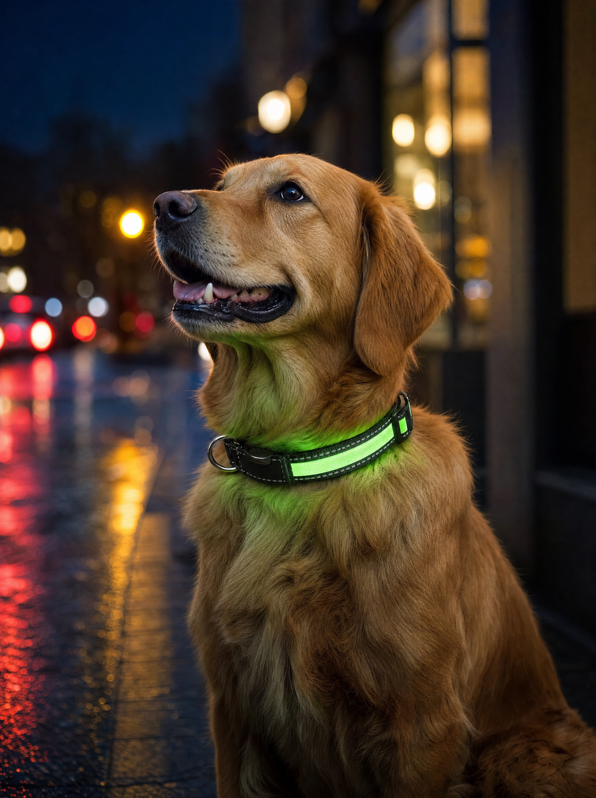 Golden retriever at night wearing The Glow Collar glowing green