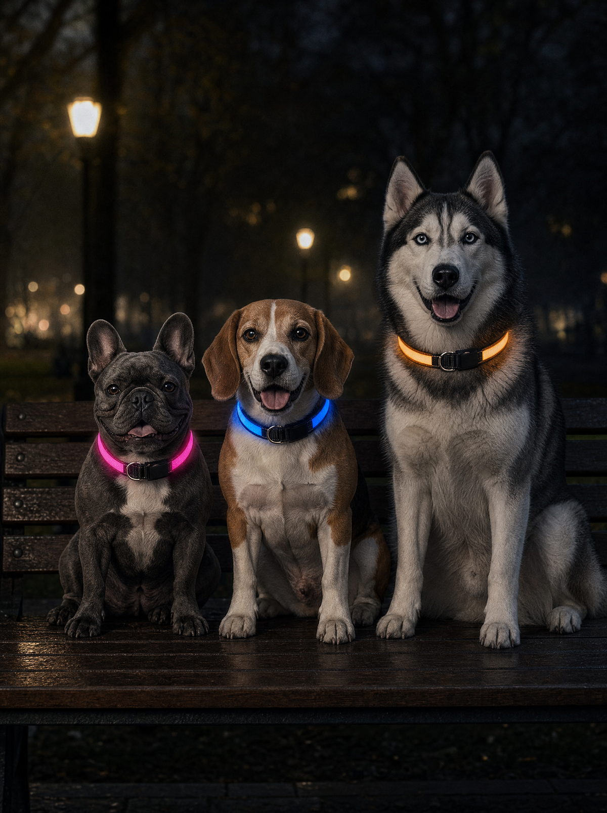 Three dogs on a park bench at night wearing The Glow Collar in pink, blue and orange