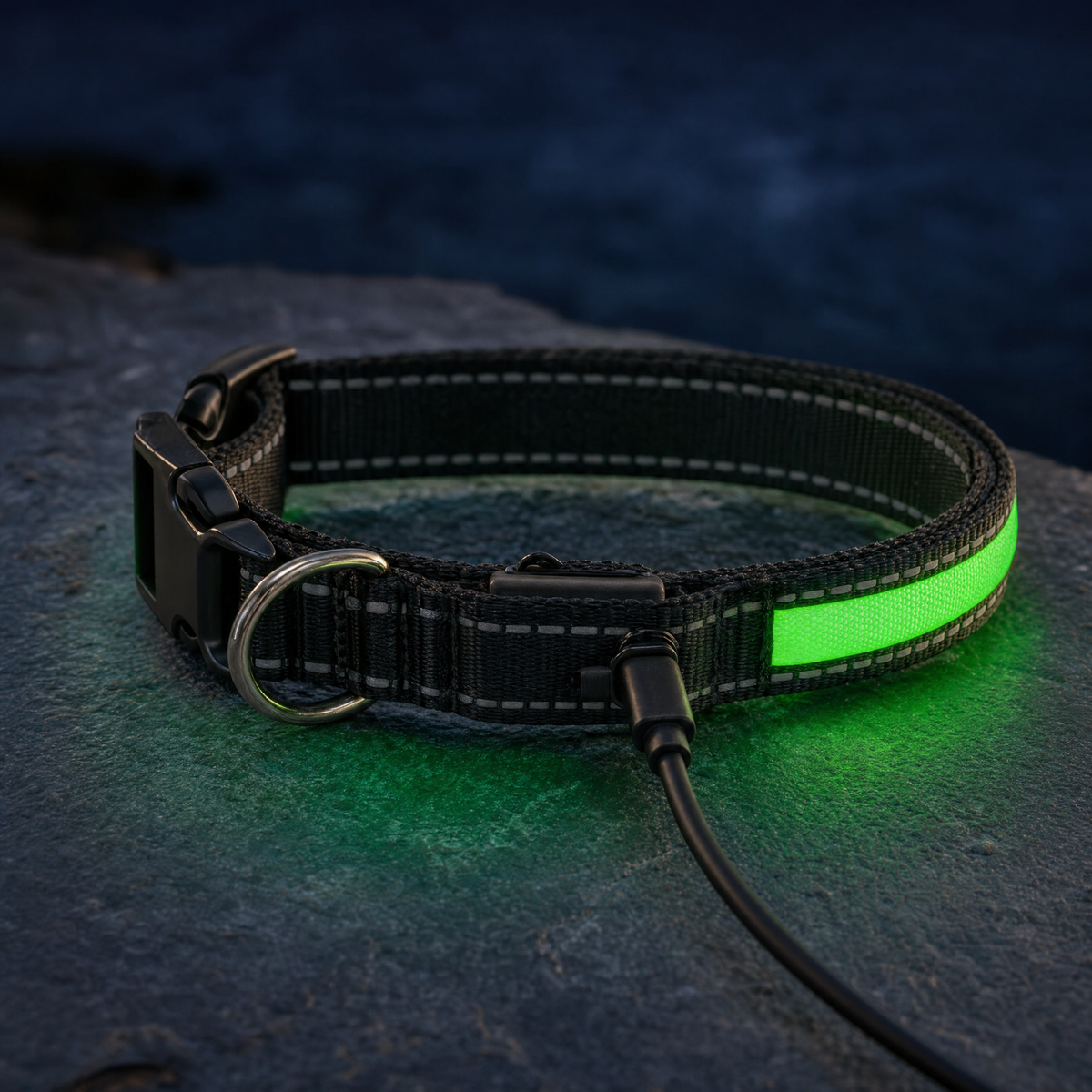 The Glow Collar glowing green with its USB-C charging cable