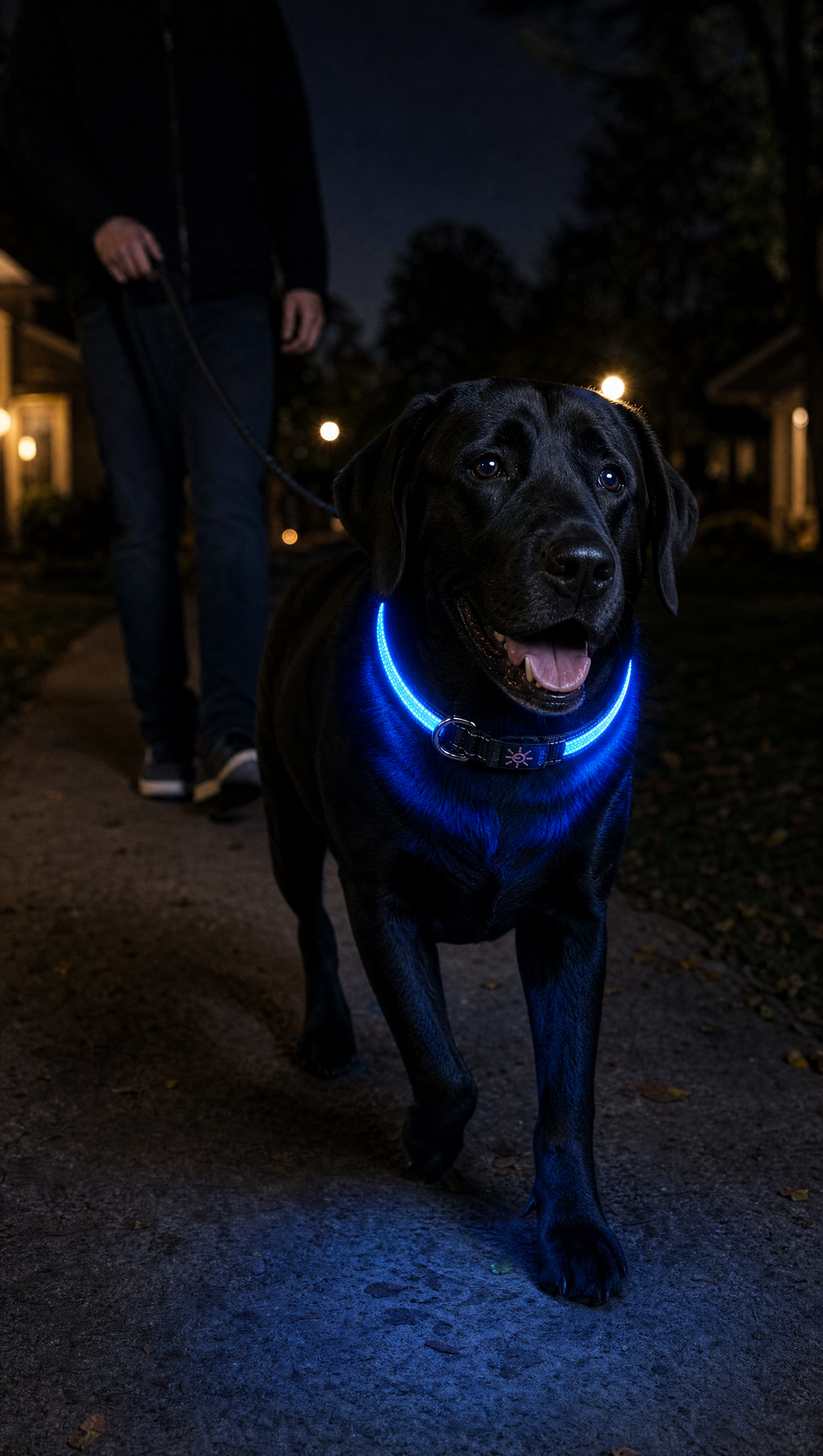 Black Labrador on a night walk wearing The Glow Collar glowing blue