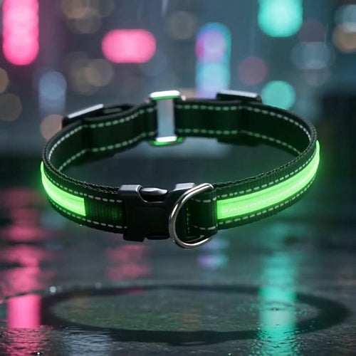 The Glow Collar glowing green, floating in a spotlight on a rainy night street